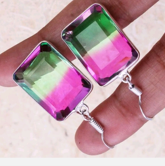 Bi-Color Tourmaline Faceted Silver Earrings - Picture 5 of 6